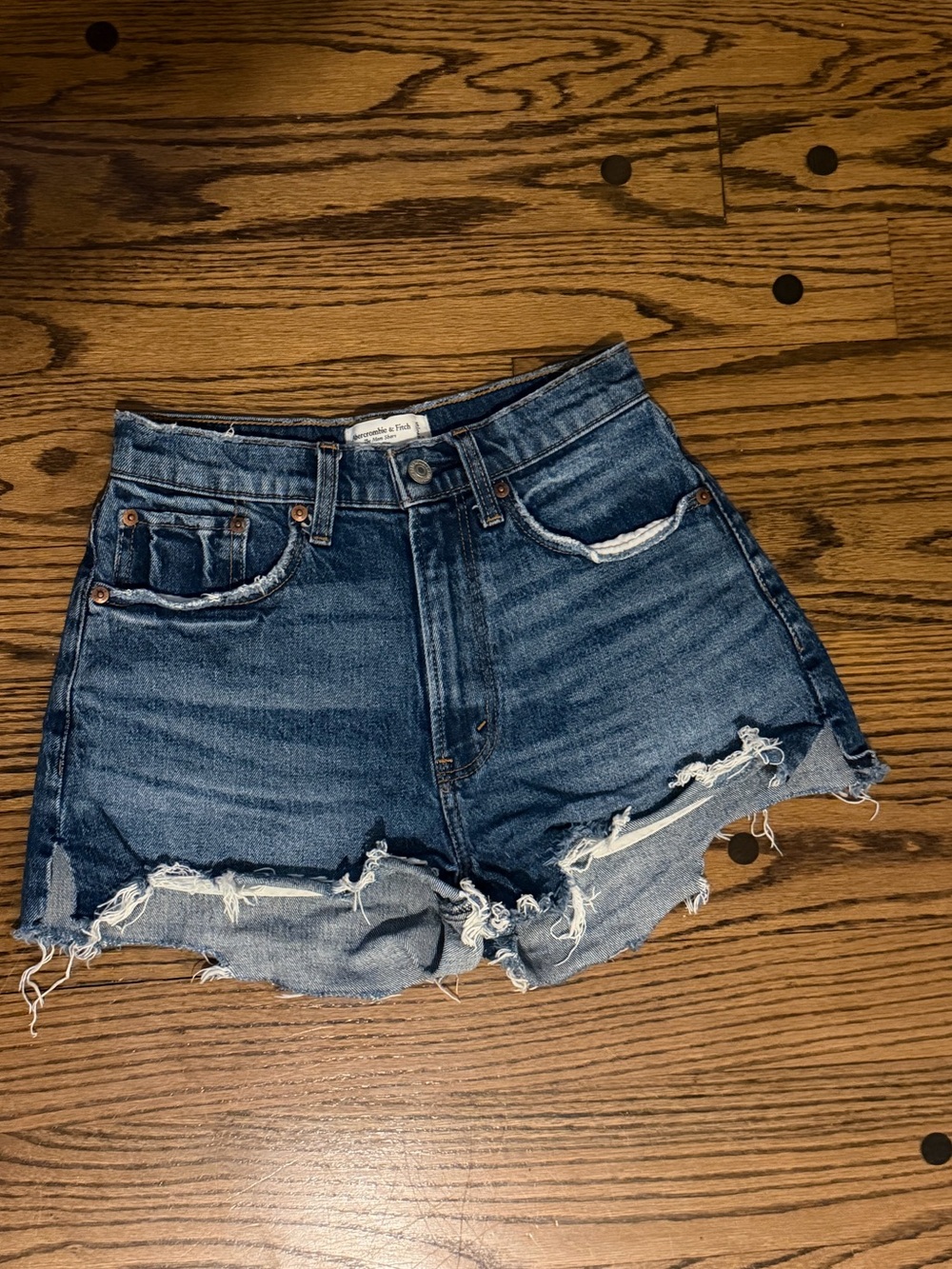Abercrombie & Fitch Dark Blue High-Rise Distressed Jean Shorts